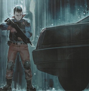 Panel shows SJ standing next to a car, gun in his hand, while the rain around around him. 
