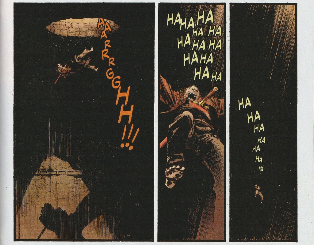 Three panels showing the character of Laffy Arkham falling down a large hole laughing all the way