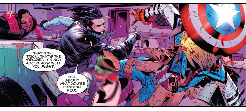 Panel shows Bucky and Sam knocking The Natural down. Text reads as such, 
Sam: That's the trick. It's not about how well you fight. 
Bucky: It's about what you're fighting for. 
