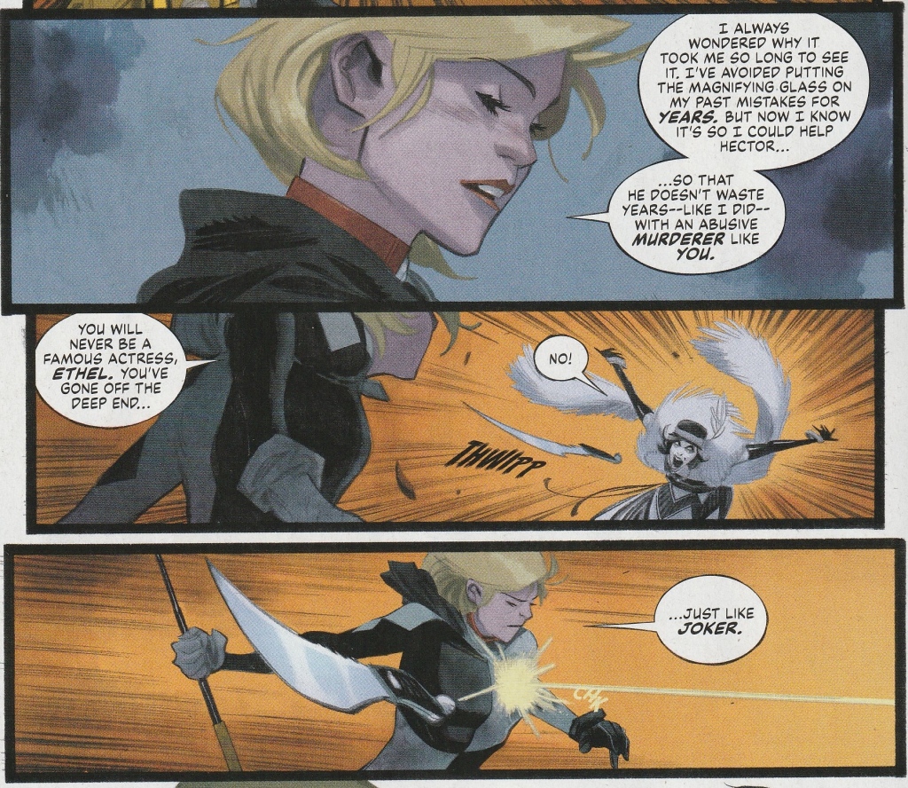 Three panels showing Harley fighting with Ethel. 