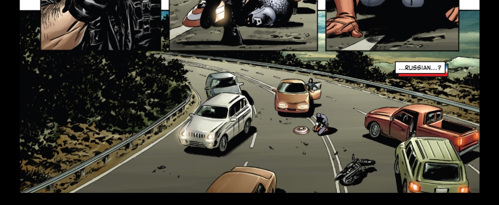 The panel shows a road with a load of cars pulled up. Of centre Steve kneels. His shield on the flood a little away from him. 